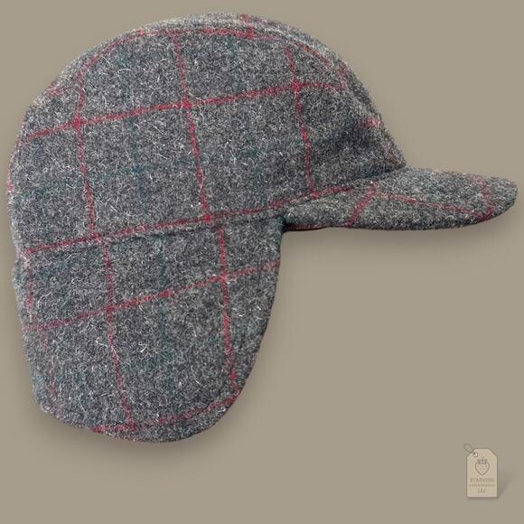 L.L. Bean Wool Plaid Winter Ear Flap Hat Gray Red Check Small - Picture 3 of 7